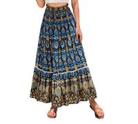 EMOTTOS Damen Maxirock Langer Rock, Boho Plisseerock Maxi Skirt Hohe Taille Geblümter Faltenrock Elastische, Hippie Rock Lang Rüschensaum Renaissance A-Linie Sommerrock Elegant, Blau XL