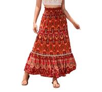 EMOTTOS Damen Maxirock Langer Rock, Boho Plisseerock Maxi Skirt Hohe Taille Geblümter Faltenrock Elastische, Hippie Rock Lang Rüschensaum Renaissance A-Linie Sommerrock Elegant, Rot M