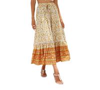 EMOTTOS Damen Maxirock Langer Rock, Boho Plisseerock Maxi Skirt Hohe Taille Geblümter Faltenrock Vorderer Schlitz, Elastische Hippie Rock Lang Rüschensaum A-Linie Sommerrock mit Kordelzug, Orange S