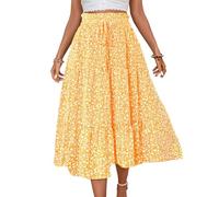 EMOTTOS Damen Maxirock Sommer, Boho Maxi Rock Hoch Elastische Taille lockerer Rüschensaum, A Linie Bohème Vintage Geblümter Strand Dekorativer Kordel Long Skirt, Lang Flowy Swing Plissee, Gelb, L
