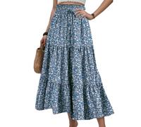 EMOTTOS Damen Maxirock Sommer, Boho Maxi Rock Hoch Elastische Taille lockerer Rüschensaum, A Linie Bohème Vintage Geblümter Strand Dekorativer Kordel Long Skirt, Lang Flowy Swing Plissee, Blau, L