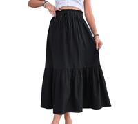 EMOTTOS Damen Maxirock Sommer, Boho Maxi Rock Hoch Elastische Taille lockerer Rüschensaum, A Linie Bohème Vintage Reinen Schwarzen Strand Dekorativer Kordel Long Skirt, Lang Flowy Swing Plissee, L