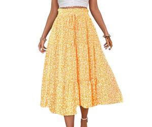 EMOTTOS Damen Maxirock Sommer, Boho Maxi Rock Hoch Elastische Taille lockerer Rüschensaum, A Linie Bohème Vintage Geblümter Strand Dekorativer Kordel Long Skirt, Lang Flowy Swing Plissee, Gelb, L