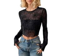 EMOTTOS Damen Mesh Oberteile, Sexy Spinnennetz-Muster Netz Langarm Tops Durchsichtiges Transparentes T-Shirt Dehnbar, Clubwear Party Frauen Top, Schwarz, S