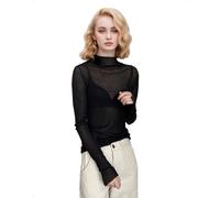 EMOTTOS Damen Mesh Spitze Oberteil, Sexy Aushöhlung Transparente Stehkragen Sheer Enganliegend Rüschen Langarm Top, Y2K Party Festival Clubwear Herbst Winter T-Shirt, Schwarz, Einheitsgröße