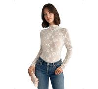 EMOTTOS Damen Mesh Transparente Oberteil, Sexy Butterfly Jacquard Stehkragen Sheer Tops Slim Fit Langarm Shirts, Y2K Aushöhlung Enganliegend Clubwear Party Festival Herbst Winter Tees, Weiß, S