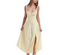 EMOTTOS Damen-Midikleid mit Spaghettiträgern, ärmellos Cocktailkleid mit Quadratischem Ausschnitt und Verstellbaren Trägern, Langes Sommerkleid mit Schlitz für Clubpartys, Gelb, L