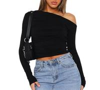 EMOTTOS Damen One Shoulder Oberteil, Slim Fit Off-Shoulder Crop Tops, Sexy Y2K Rüschen Langarmshirts, Mode Rüschen Tee Shirt für Keule Partei (Schwarz, L)