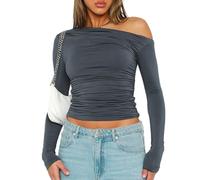 EMOTTOS Damen One Shoulder Oberteil, Slim Fit Off-Shoulder Crop Tops, Sexy Y2K Rüschen Langarmshirts, Mode Rüschen Tee Shirt für Keule Partei (Grau, S)