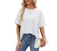 EMOTTOS Damen Oversized Lose T-Shirts, Kurzarm Rundhalsausschnitt Sommer Tops, Lose Basic-T-Shirts mit Gerollten Ärmeln, Weiß, L