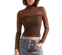EMOTTOS Damen Patchwork Sheer Mesh Oberteil, Sexy Gerüschte Spitze Top Turtle Neck T-Shirts, Slim Fit Top Ausgehen Clubbing Party Sexy Durchsichtiges Shirt für Mädchen, Braun, S