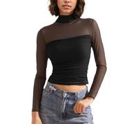 EMOTTOS Damen Patchwork Sheer Mesh Oberteil, Sexy Gerüschte Spitze Top Turtle Neck T-Shirts, Slim Fit Top Ausgehen Clubbing Party Sexy Durchsichtiges Shirt für Mädchen, Schwarz, L