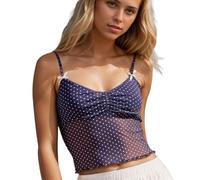 EMOTTOS Damen Polka-Punkt Mesh Oberteil, Sexy Einstellbare Spaghetti Träger Tank Top mit Schleife, Ärmellose Plissee Crop Tops, Y2K Slim Fit Transparentes Spitzen Shirts für Party, Blau, M