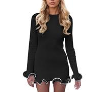 EMOTTOS Damen Rüschen-Minikleid, a Linien Bodycon Kleid mit Rüschensaum, Elegante Cocktailkleider mit Gerafften Ärmeln, Vintage Flowy Kleider für Clubbing Party Cocktail Geburtstag, Schwarz, L