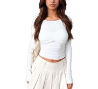 EMOTTOS Damen Rüschen Oberteil, Y2K Slim Fit Enges T-Shirt Rundhalsausschnitt Langarm Tops, Doppelt Gefüttertes Geripptes Oberteil Stylish Ausgehen Party Sommer Skinny für Mädchen, Weiß, S