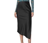EMOTTOS Damen Satin Langer Rock, Sexy Hohe Taille Elasticated Wickel Midi-Röcke für Damen, Eleganter Asymmetrisch Geschlitzter A-Linien Rock, Schwarz, S