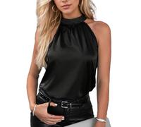 EMOTTOS Damen Satin Tanktops, Trägertop Kurze Ärmelloses Mock Hals Crop Tank Tops, Lässige Baggy Plissierte Vest Bluse für Frauen, Schwarz, L