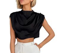 EMOTTOS Damen Satin Top, Ärmellose Fledermausärmel Kurzarm Mock Hals Crop Tank Tops, Lässige Leichte Baggy Plissee Satin Oberteil für Frauen, Schwarz, S