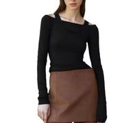 EMOTTOS Damen Schulterfreie Oberteil, Fake Zweiteilige Patchwork Enge Tops mit EIN-Schulter Ausschnitt, Modische Damen Y2K Gerippte T-Shirts Slim Fit Sommer Cut Out Oberteil, Schwarz, L