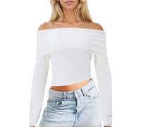 EMOTTOS Damen Schulterfreier Pullover, Y2K Slim Fit Oberteil Off Shoulder T-Shirts, Mode Going Out Club Party Basic Strickpullover Top, Weiß, L