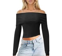 EMOTTOS Damen Schulterfreier Pullover, Y2K Slim Fit Oberteil Off Shoulder T-Shirts, Mode Going Out Club Party Basic Strickpullover Top, Schwarz, L