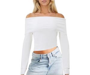 EMOTTOS Damen Schulterfreier Pullover, Y2K Slim Fit Oberteil Off Shoulder T-Shirts, Mode Going Out Club Party Basic Strickpullover Top für Mädchen, Weiß, L