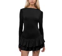 EMOTTOS Damen Sexy Figurbetontes Minikleid, Elegante Cocktailkleider mit Rüschensaum, Slim Fit Bodycon Kleid mit Rundhalsausschnitt, Partykleid für Clubbing Party Cocktail Geburtstag, Schwarz, S