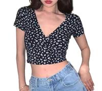 EMOTTOS Damen Sexy Floral Tops, Y2K Slim Fit V-Ausschnitt Cross Wrap Shirts, Weiches Crop Top mit Kurzarm Shirt, Mode Skinny Y2K Tee Shirt(Schwarz, L)