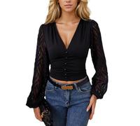 EMOTTOS Damen Sexy Langarm Oberteil, Elegant V-Ausschnitt Crop Top Y2K mit Chiffon Translucent Lantern Sleeve, Party Oberteil mit Dekorativen Knöpfen, Schwarz, L