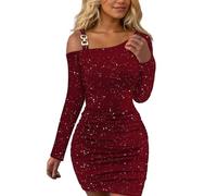 EMOTTOS Damen Sexy Pailletten Minikleid, Ausgehkleider Schulterfrei Quadratische Schnalle Abgeschrägte Schultern Wickelkleid, Unten Taille Falte Slim Fit Bodycon Enge partykleid, Rot, M
