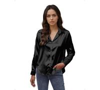 EMOTTOS Damen Sexy Satinbluse, Lockere Button-Down-Oberteile mit V-Ausschnitt, Langärmeliges Elegantes Hemd zum Ausgehen bei der Büroarbeit Freizeithemden für Damen, Schwarz, L