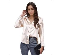 EMOTTOS Damen Sexy Satinbluse, Lockere Button-Down-Oberteile mit V-Ausschnitt, Langärmeliges Elegantes Hemd zum Ausgehen bei der Büroarbeit Freizeithemden für Damen, Beige, M