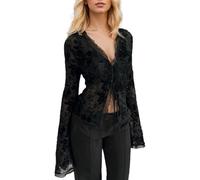 EMOTTOS Damen Sexy Sheer Schmales V-Ausschnitt Crop Top, Rüschenbluse Bauchfreie Oberteile Ruffled Flared Langarm Sleeves Mesh Tops, Y2K Chiffon Tie Front Kurzer Damen Party, Schwarz, S