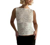 EMOTTOS Damen Sexy Spitze Oberteile, Mesh Y2K Ärmellos T-Shirts mit Gestickter Blumenweste, Schulterfrei Slim Fit Top mit Transparentes Clubwear Sommer Party Club, Weiß, S