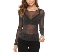 EMOTTOS Damen Sexy Spitze Tops, Glänzende Slim Fit Tüll Mesh Durchsichtig Langarm, Rundhalsausschnitt Shirts für Frauen, Female Sexy Leotard Silberfaden Clubwear(C2-Schwarz-XL)