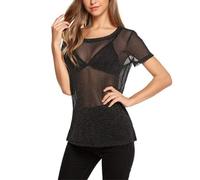 EMOTTOS Damen Sexy Spitze Tops, Glänzende Slim Fit Tulle Mesh Durchsichtig Kurze Ärmel, Rundhalsausschnitt Shirts für Frauen, Weibliche Sexy Leotard Silberfaden Clubwear(C1-Schwarz-L)