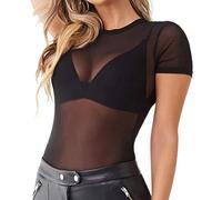 EMOTTOS Damen Sexy Spitze Tops, Slim Fit Tulle Mesh Durchsichtig Kurze Ärmel, Rundhalsausschnitt Masche Shirts für Frauen, Weibliche Sexy Leotard Clubwear(Schwarz-L)