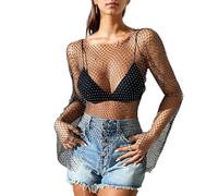 EMOTTOS Damen Sheer Netz Flared Langarm Glitzer Top, Durchsichtiger Polierter Weicher Stoff Transparentes Mesh Top Strasssteine, Fischnetz Netzoberteil Bluse für Sommer Club Party Tops, Schwarz, M