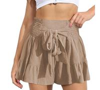 EMOTTOS Damen Shorts Elastische Sommer, Hohe Taille Kurze Hosen Rüschen mit Schleife, Causal High Waist Bequeme Strandshorts Beinhose für Damen Frauen, Apricot L