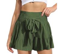 EMOTTOS Damen Shorts Elastische Sommer, Hohe Taille Kurze Hosen Rüschen mit Schleife, Causal High Waist Bequeme Strandshorts Beinhose für Damen Frauen, Grün S