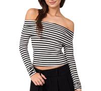 EMOTTOS Damen Slim Fit Crop Tops, Modische Damen y2k Tops für Casual One-Shoulder Langarm T-Shirt Basic Bluse Tee Tops, Schwarz M