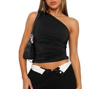 EMOTTOS Damen Slim Fit Schulterfreies Oberteil, Sexy Hohem Stretc ärmellose Oberteile, Rüschen Oberteil mit Einer Schulte Mode Taillierte Y2K Crop Top für Frauen Keule Partei, Schwarz, M