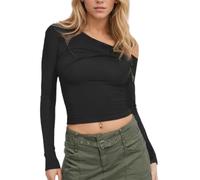 EMOTTOS Damen Slim Fit Y2K Shirts, Off Shoulder Asymmetrischer U-Boot-Ausschnitt Unifarbener Crop Top, Sexy Langarmshirts Enge Stretch-Stoff Twisted Chest Design, Schwarz, S