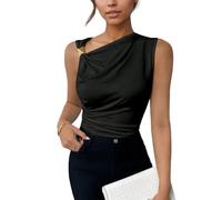 EMOTTOS Damen Sommer Top Tanktop Y2K Metallische Dekorative Ärmellose Schmal Geschnittene Rüschenweste Stretch-Stoffe Sexy Slim Fit Enges Oberteil Party Freizeit Plissee Vest, Schwarz, L