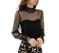 EMOTTOS Damen Spitze Crop Tops, Damen Y2K Polka Dot Sheer Mesh Oberteile Ruched Half-High Neckline, Stilvoll Ausgehender Club Party Sexy Durchsichtiges Oberteil, Schwarz, L