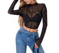 EMOTTOS Damen-Spitzenoberteile mit Pailletten, Sexy Y2K-Crop-Top mit Rundhalsausschnitt, Langärmeliges Durchsichtiges T-Shirt, Schmal Geschnittene Sommerkleidung für Clubbing-Party, Schwarz, S