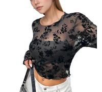 EMOTTOS Damen-Spitzenoberteile mit Print, Sexy Y2K-Crop-Top mit Rundhalsausschnitt und Mesh-Einsätzen, Langärmeliges Durchscheinendes T-Shirt, Schmal Geschnitten Sommerkleidung, Schwarz, L