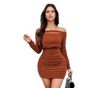 EMOTTOS Damen-Strickminikleid, Einseitiges Langärmliges Strickkleid mit Cutout-Design, Schmal Geschnittenes Plisseekleid für den Abend, Club, Cocktailparty, Braun, S
