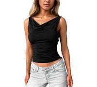 EMOTTOS Damen Swing-Ausschnitt Oberteile, Y2K Ärmellose V-Ausschnitt Camisole, Slim Fit Crop Top mit Seitenfalten, Sexy Rückenfreies Shirt für Party Clubbing Sommerkleidung, Schwarz, S