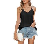 EMOTTOS Damen Tank Top Ärmellose, Oberteile V Ausschnitt Tank Tops mit Doppelter Riemen Sommer, Casual Elegant Ärmellos Cami Shirt Bluse Schlanke Passform, Schwarz L